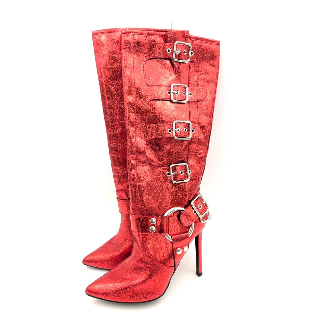Wild Diva Lounge Shaya Buckle Heel Boot Pointed Toe Women's Red Size US7.5 EU38